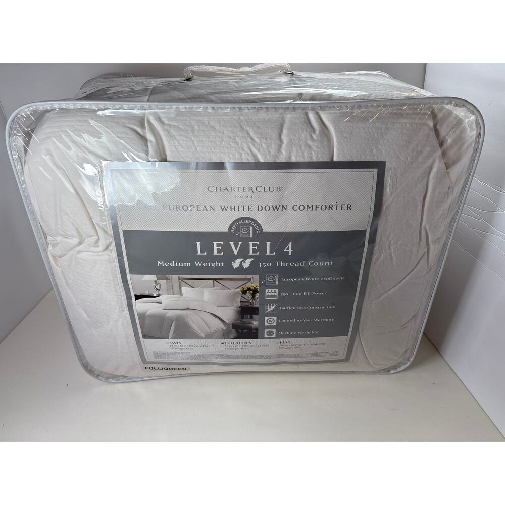 Charter Club Vail Goose Down Comforter White Stripe Baffle Box USA FULL QUEEN